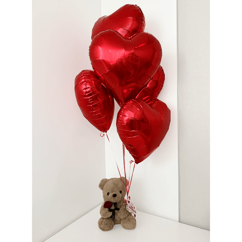 Oso Teddy con Rosa 40cm  + 5 Globos Corazón con helio