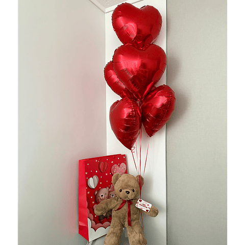 Oso Teddy 50cm  + 5 Globos Corazón con helio + Bolsa