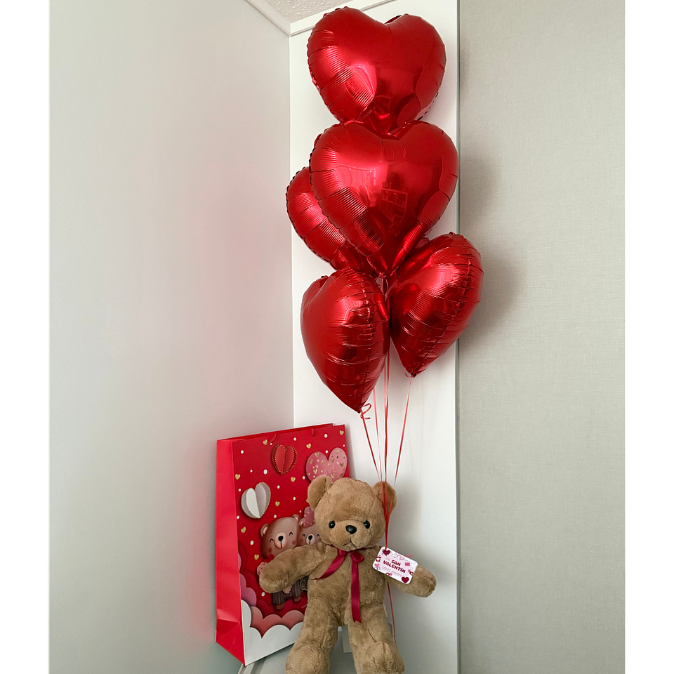 Oso Teddy 50cm  + 5 Globos Corazón con helio + Bolsa 1