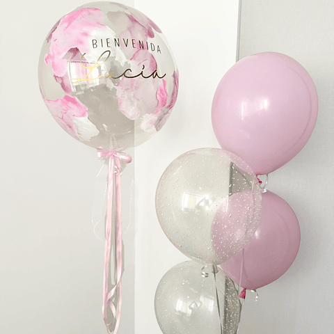 Globo Burbuja Personalizado más racimo de 4 Globos Latex con Helio