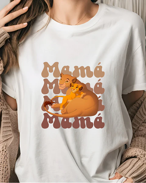 Polera "Mamá" Leona y Cachorro Animado — Retro Groovy