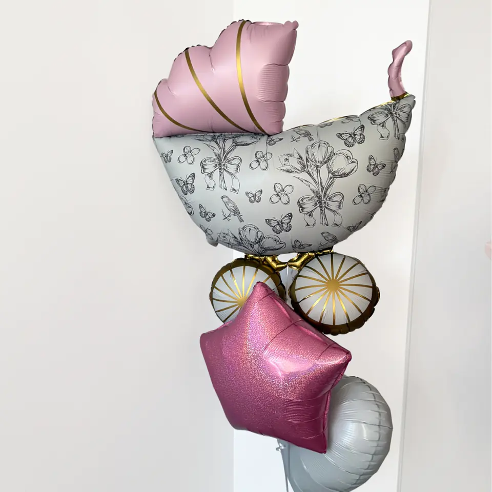 Bouquet Cochecito de Bebé Niña con Globos Metálicos | Baby Shower y Bienvenida 1