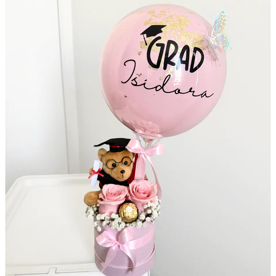 Box de Graduación con Rosas, Oso Graduado y Globo Burbuja Personalizado 1