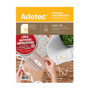 ETIQUETA  AUTOADHESIVA ADETEC  33 POR HOJA 70 X 25 MM DORADO O PLATEADO 5UND