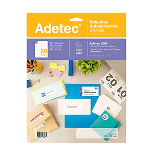 ETIQUETA  AUTOADHESIVA ADETEC 20 POR HOJA 101MM X 25MM BLANCO 