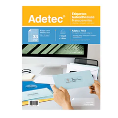 ETIQUETA  AUTOADHESIVA ADETEC 33 POR HOJA 70MM X 25MM TRANSPARENTE 5 HOJAS 