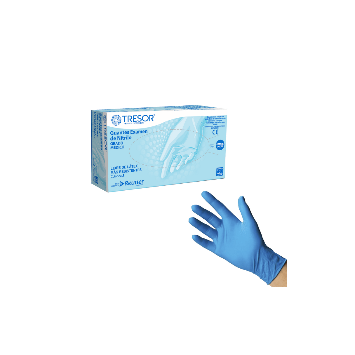 GUANTES DE EXAMINACIÓN TRESOR NITRILO AZUL SIN POLVO 1