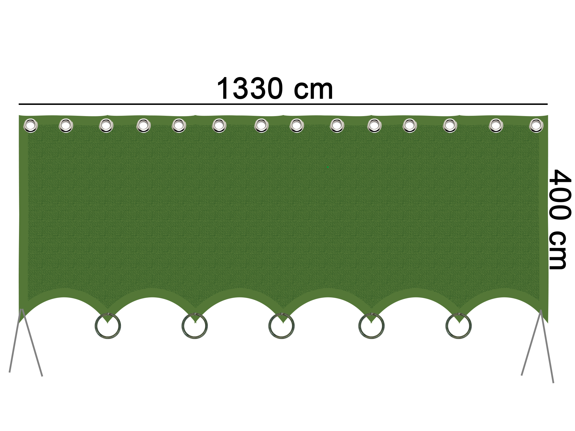Toldo en malla 90% sombra Premium color verde con argollas y ojetillos 13.30 mt largo x 4.00mt ancho, con anclajes por todo el contorno 1