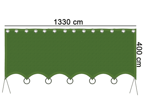 Toldo en malla 90% sombra Premium color verde con argollas y ojetillos 13.30 mt largo x 4.00mt ancho, con anclajes por todo el contorno