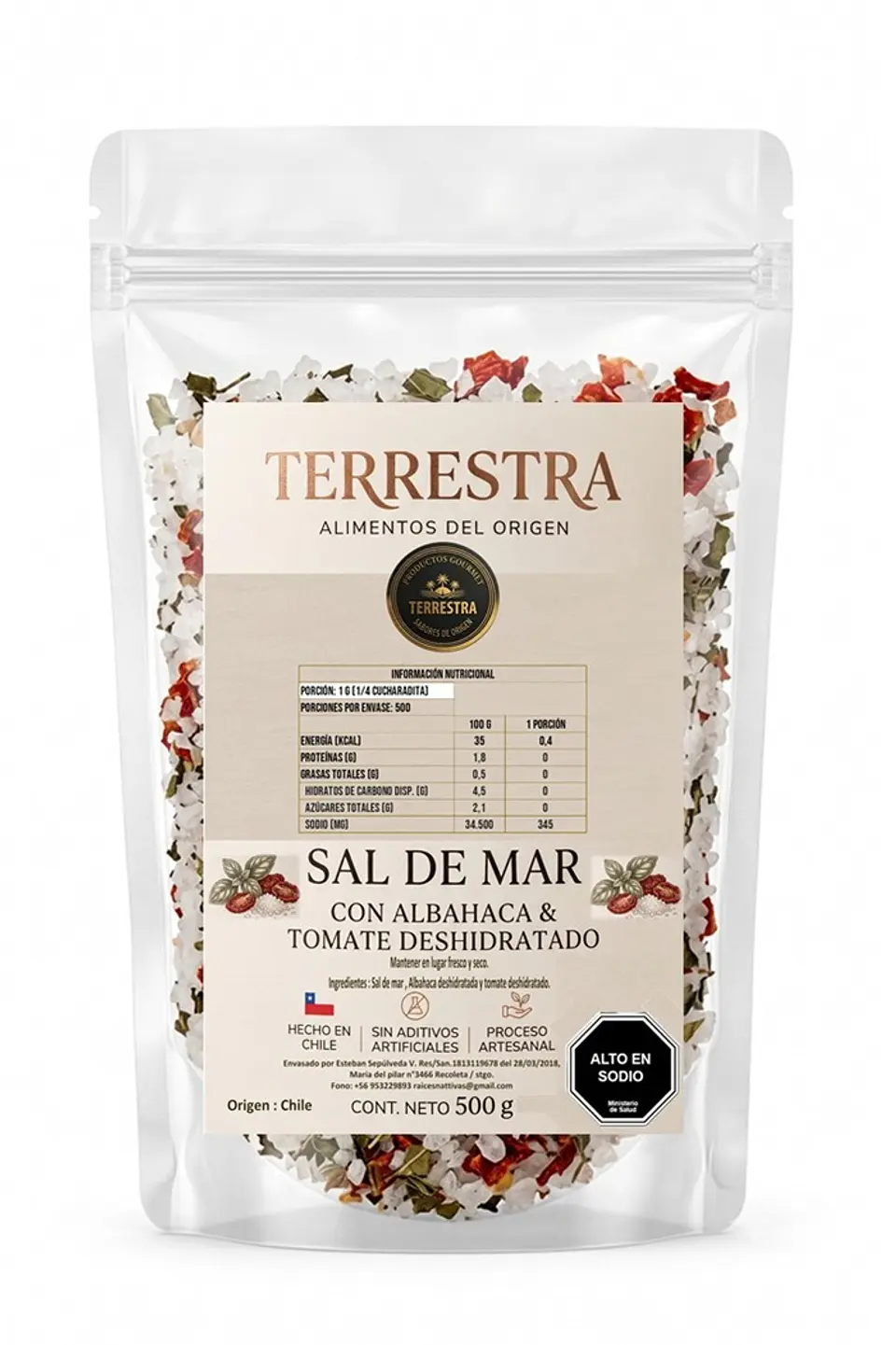Sal de Mar Gourmet con Tomate y Albahaca deshidratada de 500 gr 1