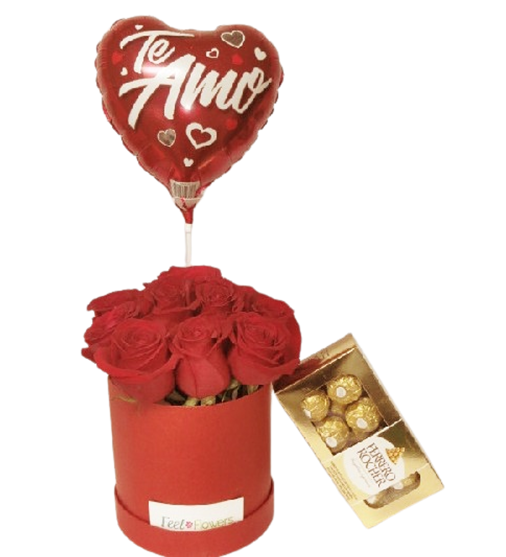 Caja de 12 rosas, chocolates y globo metálico | Envía Amor Dulce