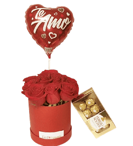 Caja de 12 rosas, chocolates y globo metálico | Envía Amor Dulce