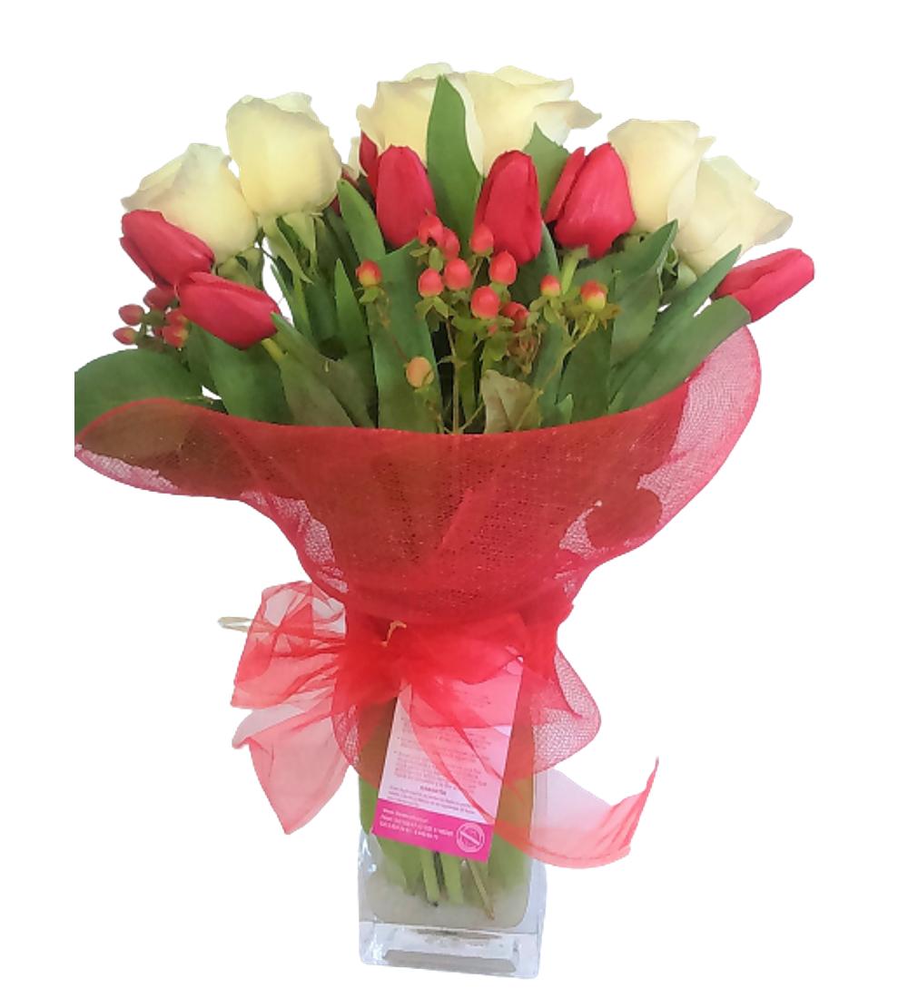 Florero de rosas y tulipanes | Envía Amor Intenso