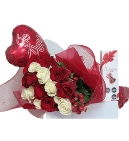 Ramo de 15 rosas 2 tonos, chocolates y globo amor | Declara Amor con Estilo