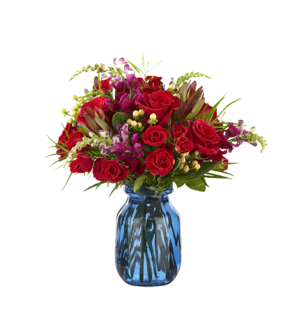 Florero azul mix de flores rojas | Envía Sofisticación