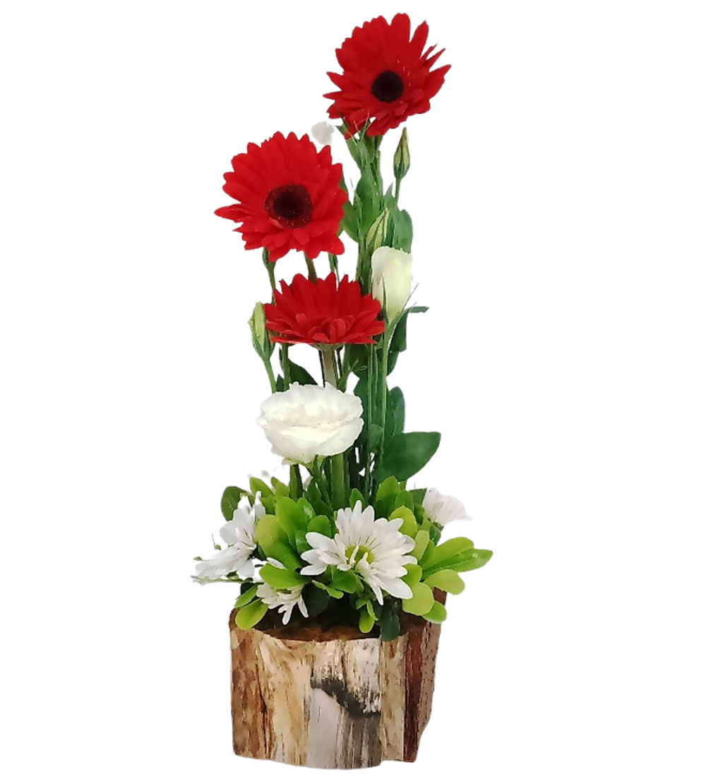 Gerberas y lisianthus en base rústica | Regala Amor y Naturaleza 