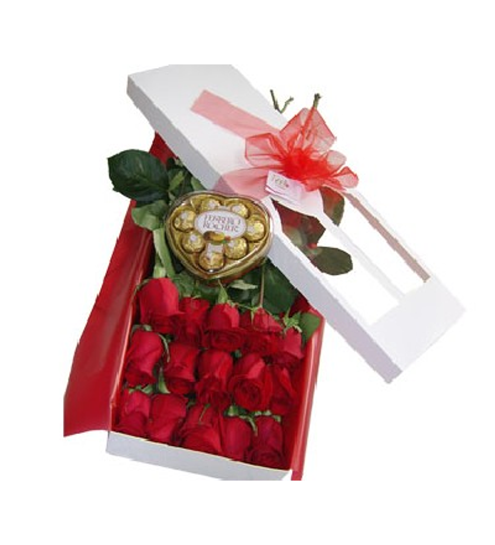 Caja 15 Rosas más Bombones Ferrero Corazón | Sorpresa de Amor Elegante 