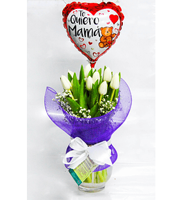 Florero 10 Tulipanes y Globo Mamá