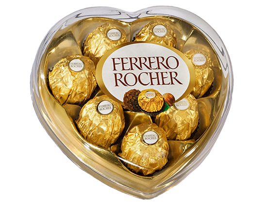 Caja de corazón 4 rosas + 3 bombones Ferrero Rocher