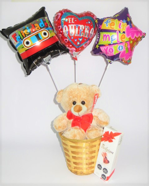 Canasto de Peluche, Globos y Chocolates