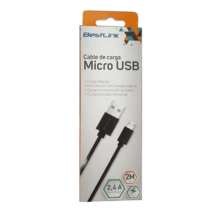 Cable de Carga Micro USB Negro 2MTS