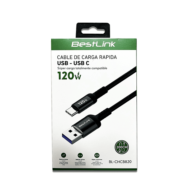 Cable USB A a USB C Carga Rápida 120W 2Mts Resistente y Antinudo 4