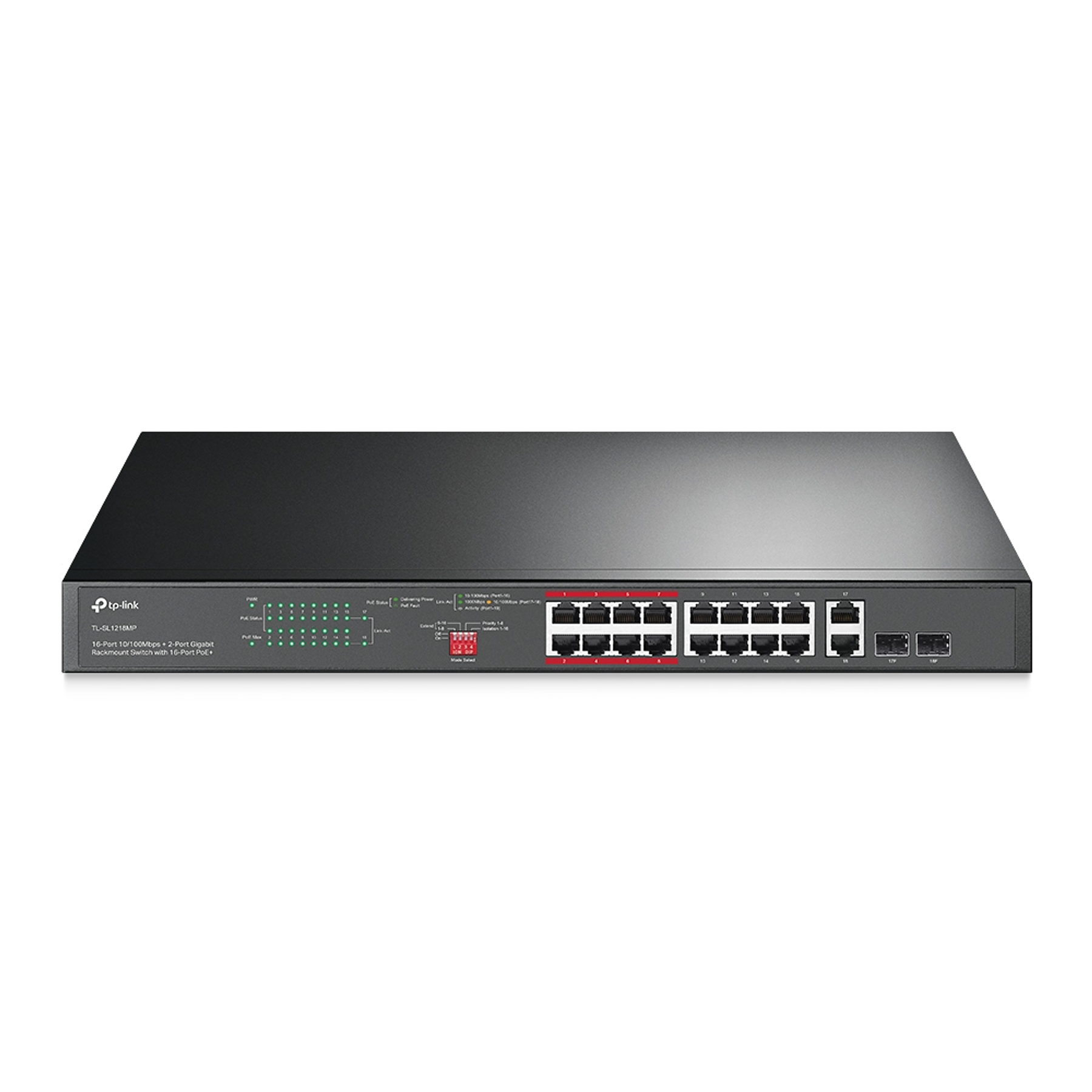 Switch 16 Puertos PoE 10/100 Mbps + 2 PoE Gigabit + 2 SFP Gigabit Rackeable TL-SL1218MP