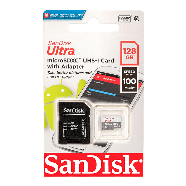 Tarjeta De Memoria MicroSD 128GB Sandisk Ultra Con Adaptador Sd 3