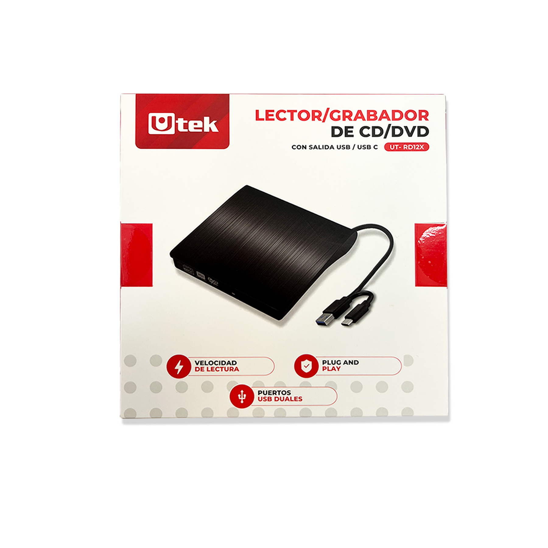 Lector y Grabador de CD/DVD USB Dual - Modelo UT-RD12X, Alta Velocidad