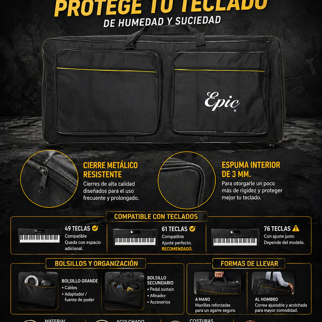 Funda para Teclado 61 Teclas Acolchada Pro – Bolso de Transporte 6
