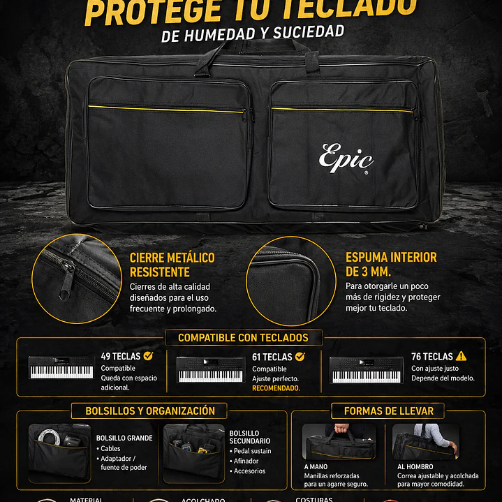 Funda para Teclado 61 Teclas Acolchada Pro – Bolso de Transporte 6