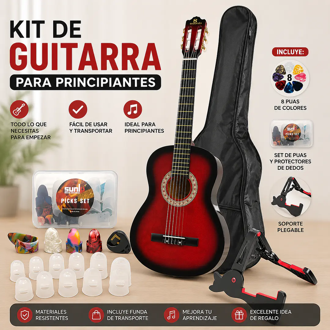 Guitarra Acústica Alaguez Kit Principiante + Funda Atril Púas 3