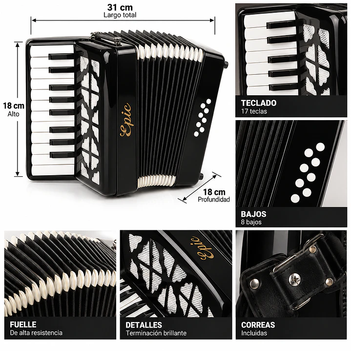 Acordeon 22 teclas 8 bajos Negro Para Adulto 2