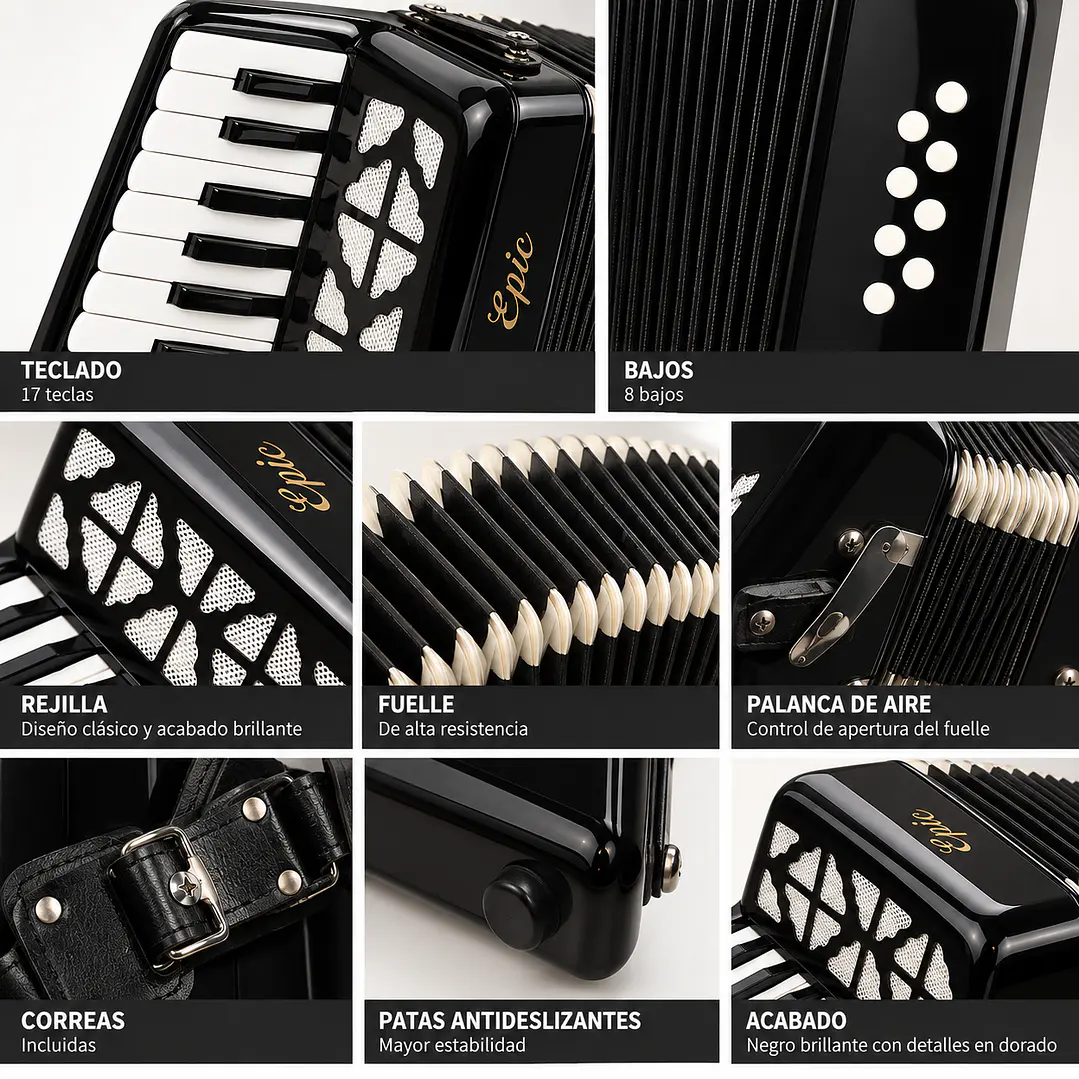 Acordeon 22 teclas 8 bajos Negro Para Adulto 3