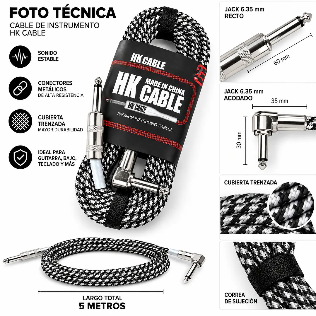 Cable de Instrumento HK Cable 5 Metros Trenzado Jack 6.35 mm Recto y Acodado 2