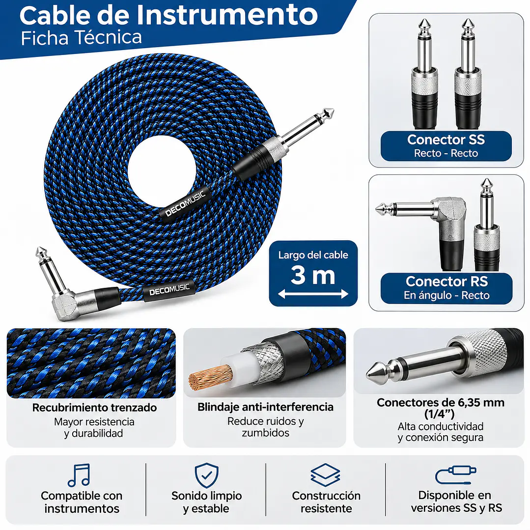Cable Instrumento Guitarra 3m Trenzado Plug Recto Acodado Epic 3
