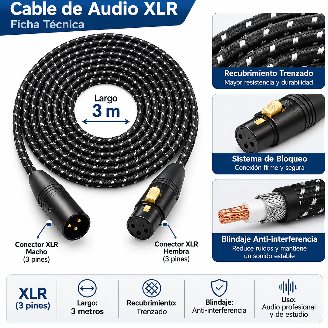Cable Micrófono XLR Macho Hembra 3m Trenzado Epic Canon 2