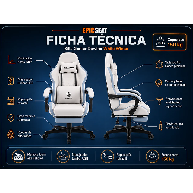 Silla Gamer Dowinx White Winter Con Masajeador Lumbar
