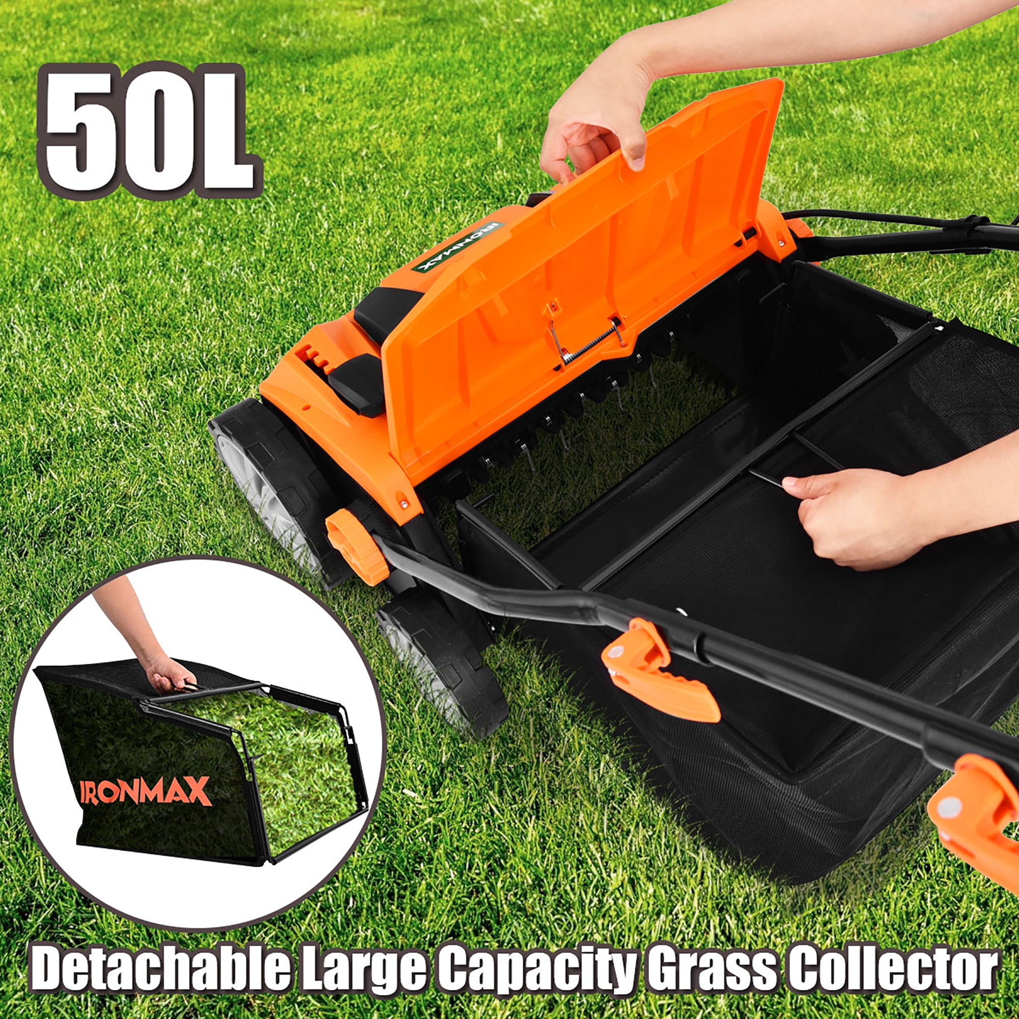 IronMax 13Amp Corded Scarifier 15" Electric Lawn Dethatcher w/50L Collection Bag Orange