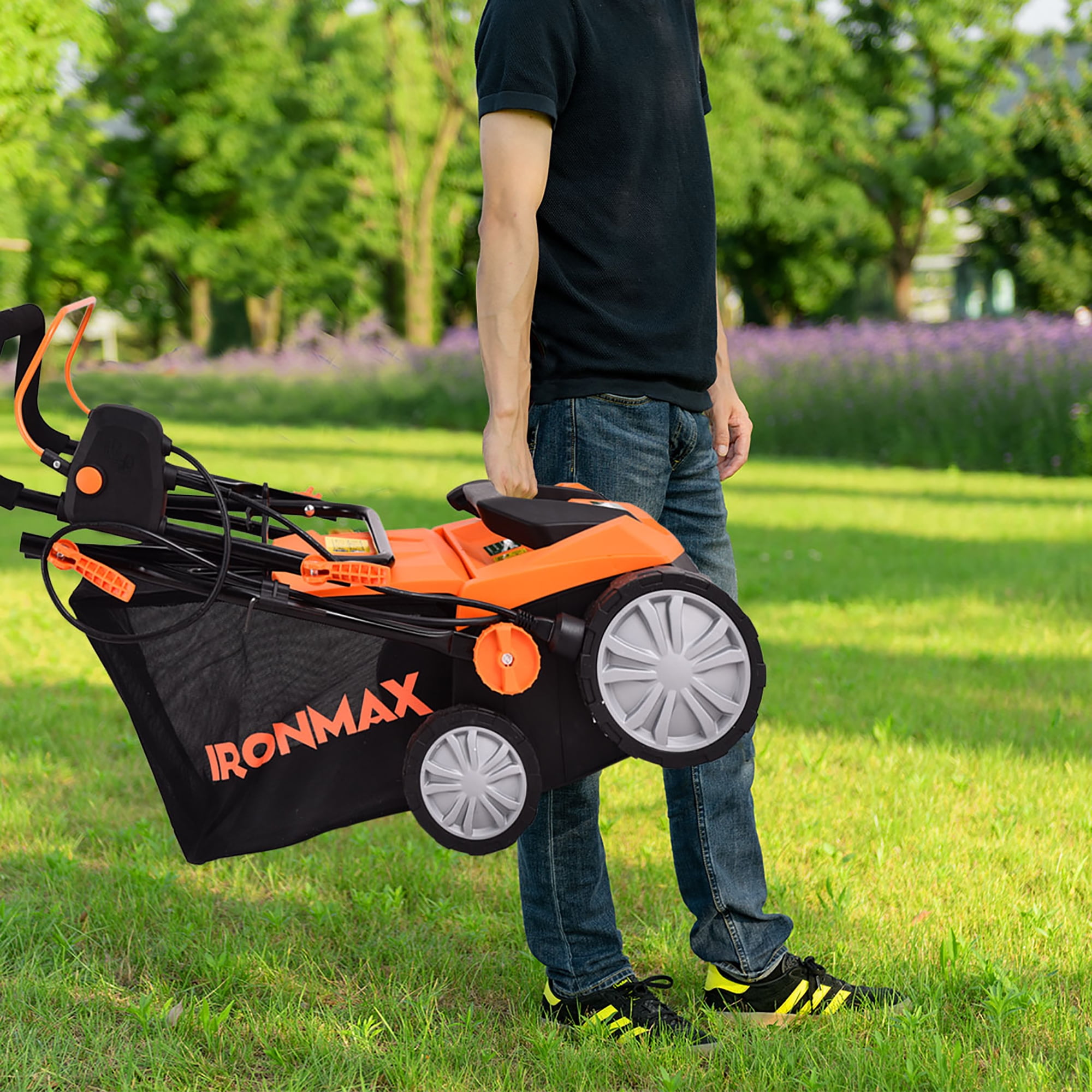 IronMax 13Amp Corded Scarifier 15" Electric Lawn Dethatcher w/50L Collection Bag Orange