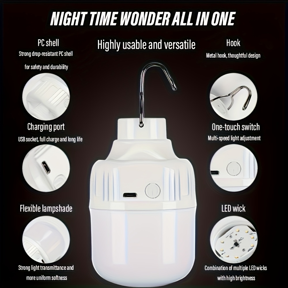 2 Peças Lanterna de Mão para Camping, Lâmpada LED Portátil Recarregável via USB, 3 Modos de Iluminação, Ideal para Pendurar em Tendas, Camping ao Ar Livre, Churrascos e Uso de Emer...