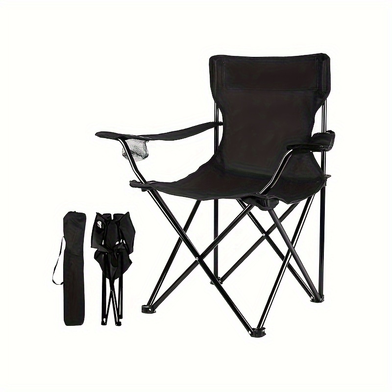 Cadeira dobrável com porta-copos para uso exterior. Esta cadeira portátil para campismo e pesca apresenta braços integrados com porta-copos para fácil acesso a bebidas.
