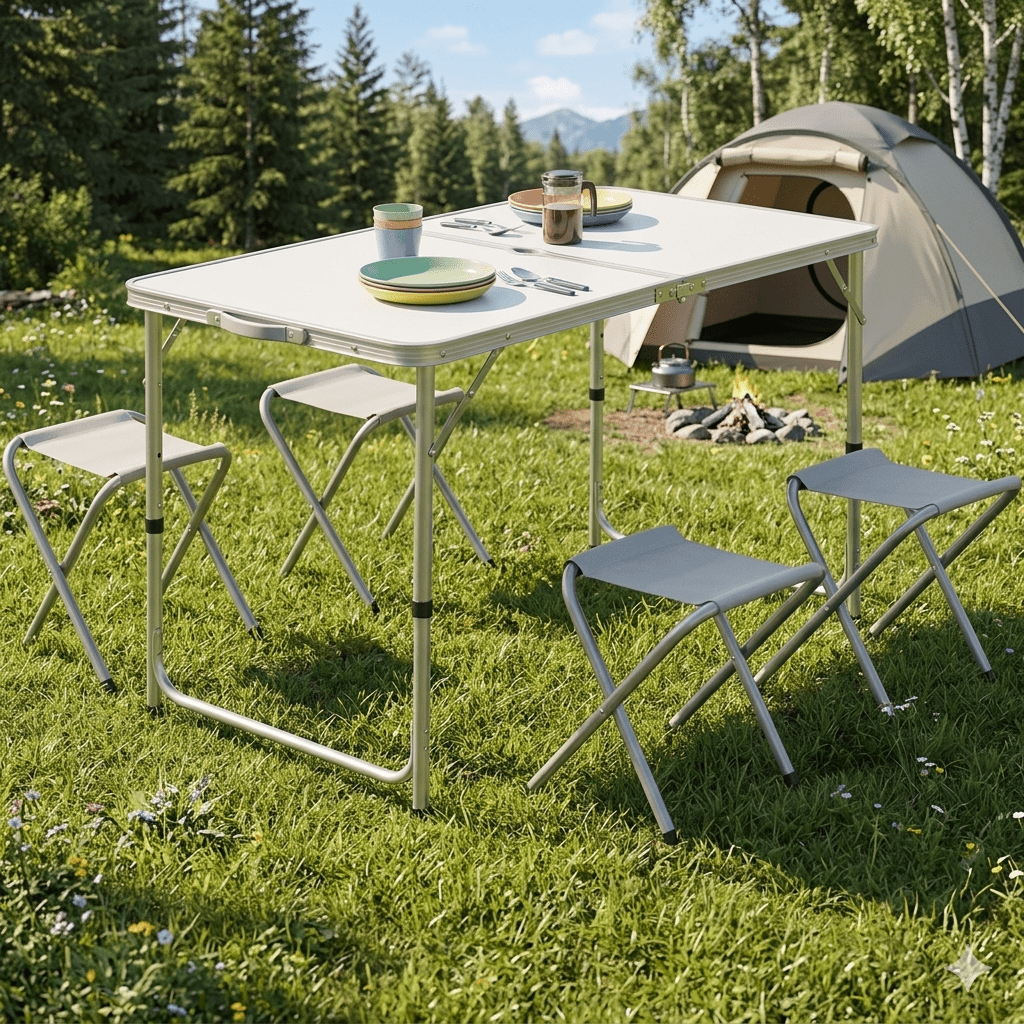 Mesa de Acampamento Dobrável com 4 Bancos | Altura Ajustável, Portátil e Compacta, Mesa Multiuso com Cadeiras Integradas, Ideal para Jardim, Piquenique e Acampamento