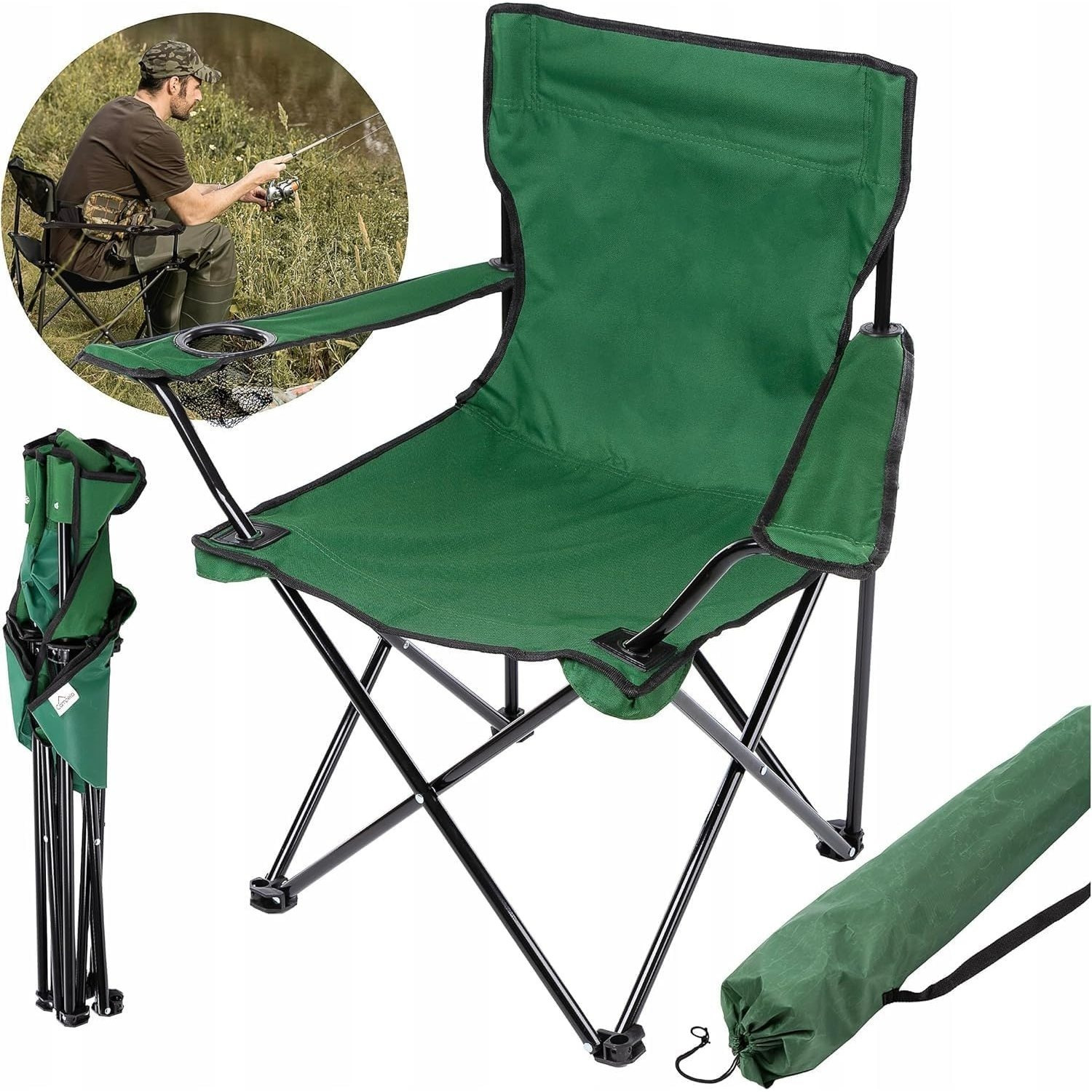Cadeira de Campismo e Praia Portátil e Leve, Confortável para Pesca, Piquenique, Caminhadas e Campismo, com Apoios de Braço, Bolso Lateral para Bebidas e Acessórios, Fácil de Trans...