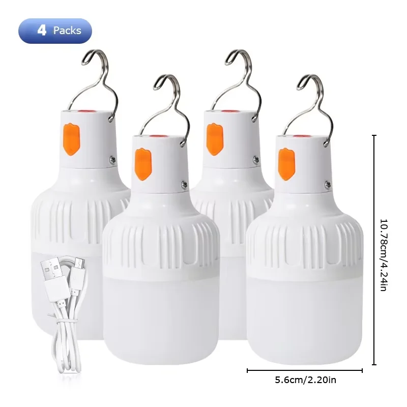 Pacote com 4 Luzes LED Portáteis Recarregáveis, Alimentadas por Bateria, para Uso Interno e Externo, Lâmpadas para Camping, Pesca, etc.