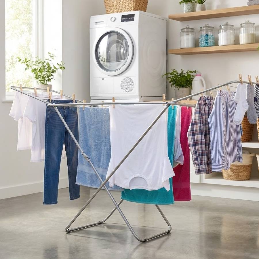 Estendal de Metal Dobrável, Espaço de Secagem de 20 Metros, Estendal de Roupa, Pés Antiderrapantes (Prata, 52 x 102 cm) - PORTES GRÁTIS.