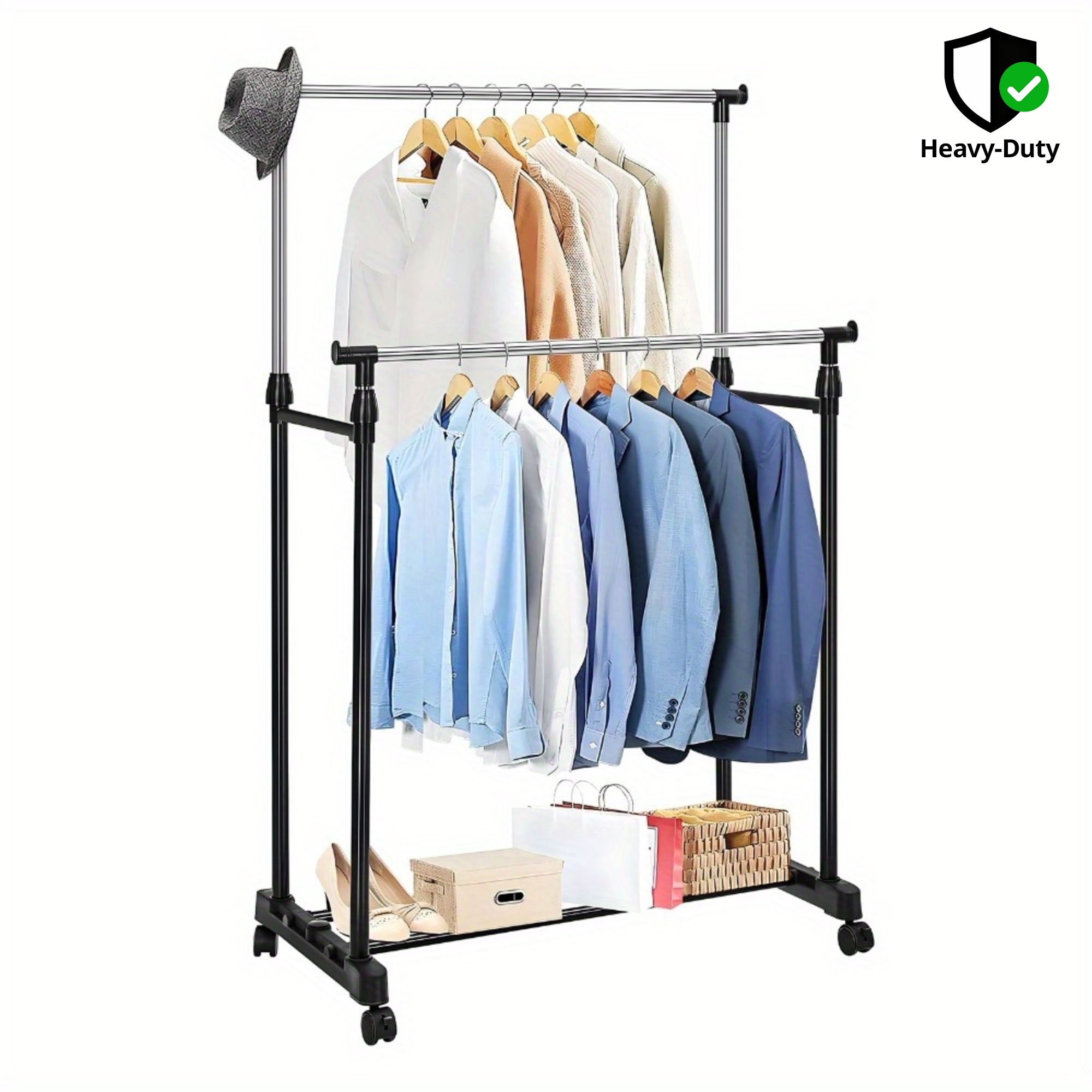 Cabide Móvel Resistente com Dupla Barra e Prateleira para Sapatos - Guarda-Roupa com Altura Ajustável e Rodas, PORTES GÁTIS