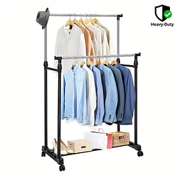 Cabide Móvel Resistente com Dupla Barra e Prateleira para Sapatos - Guarda-Roupa com Altura Ajustável e Rodas, PORTES GÁTIS