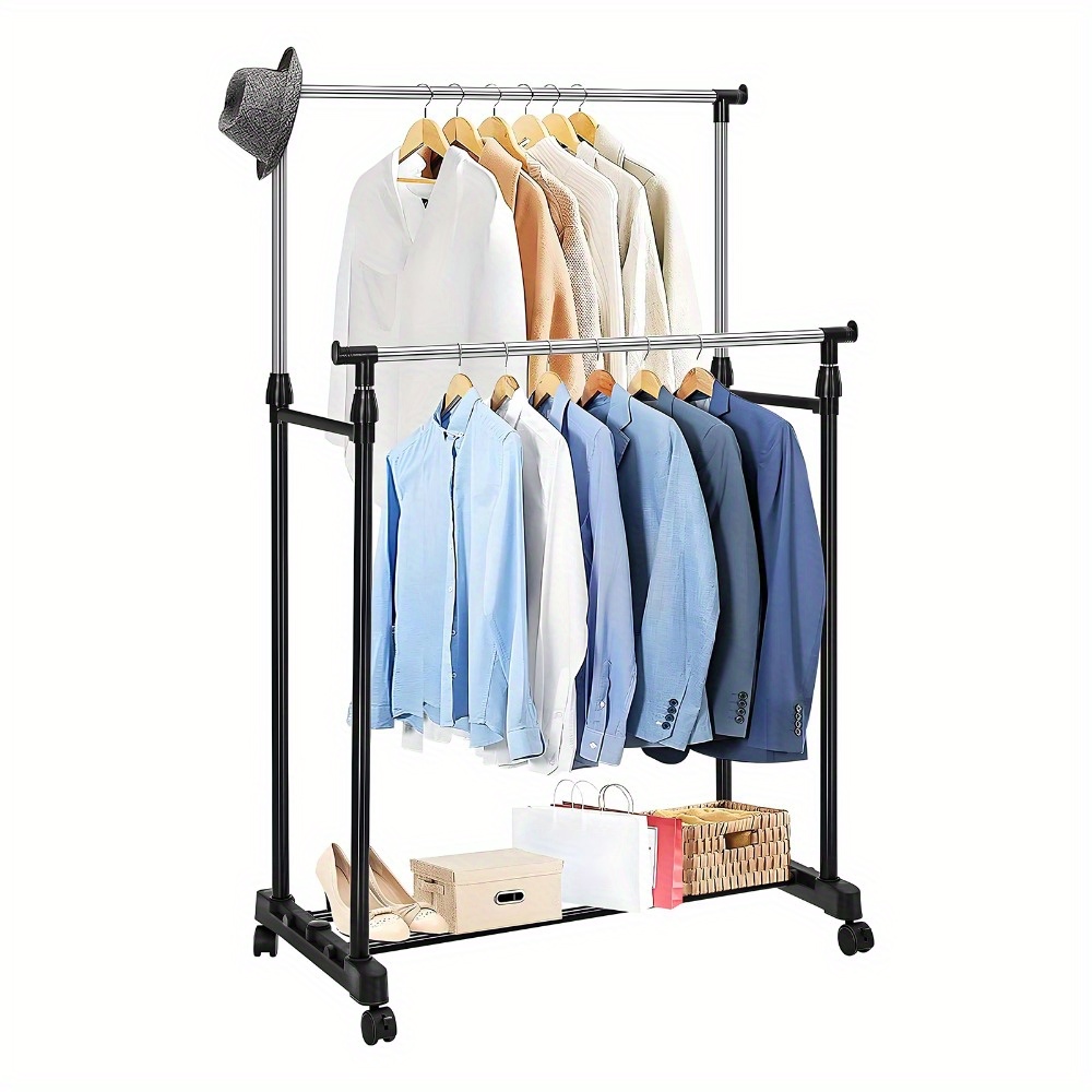 Cabide Móvel Resistente com Dupla Barra e Prateleira para Sapatos - Guarda-Roupa com Altura Ajustável e Rodas, PORTES GÁTIS
