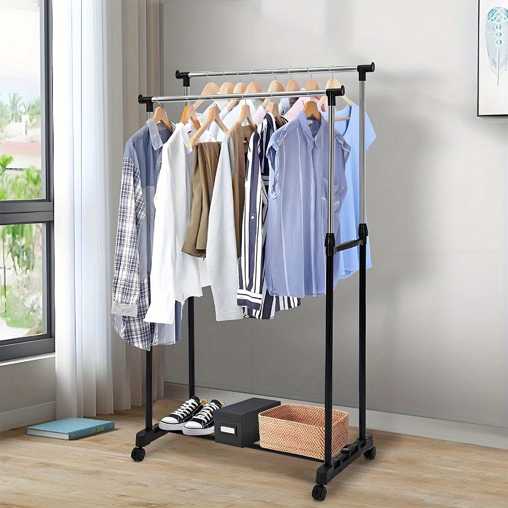 Cabide Móvel Resistente com Dupla Barra e Prateleira para Sapatos - Guarda-Roupa com Altura Ajustável e Rodas, PORTES GÁTIS